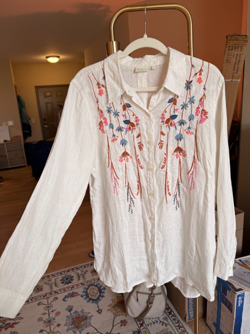 Spartina 449 Floral Embroidered Linen Button Up Shirt, Size XL